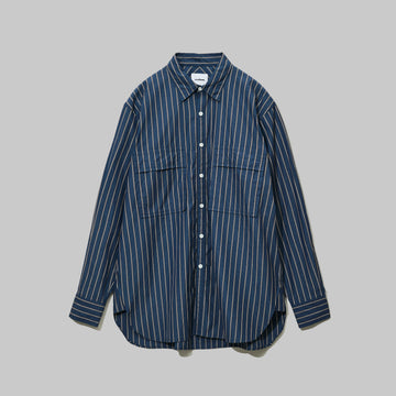 CSH-4 – 100/2 Cotton Stripe – Navy x Brown / ダブルポケット シャツ