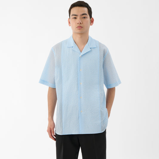 Kyoto-Dyed Ripple Open Collar Shirt / White x Blue