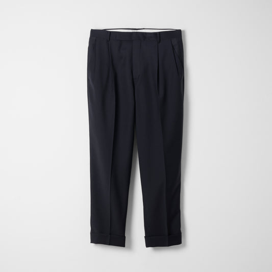 Wool Blend Tropical 2-Out Pleat Trousers / Navy