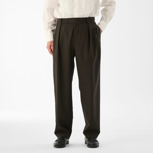 Wool Calmskin Box Pleat Trousers / Khaki