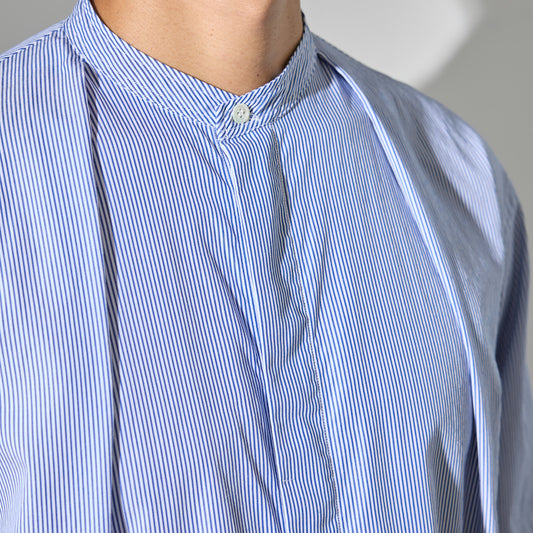 CSH-1 / 1in-Pleats Longshirt -Stripes Cotton Broad -White x Blue