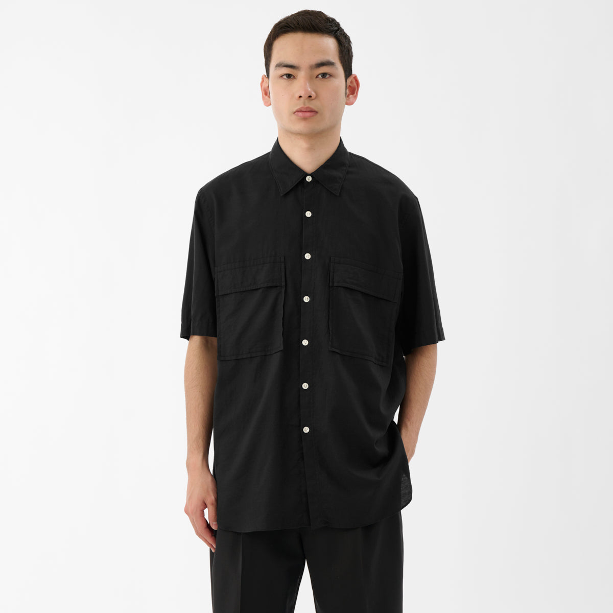 Cotton Silk Twill Double Pocket Shirt / Black