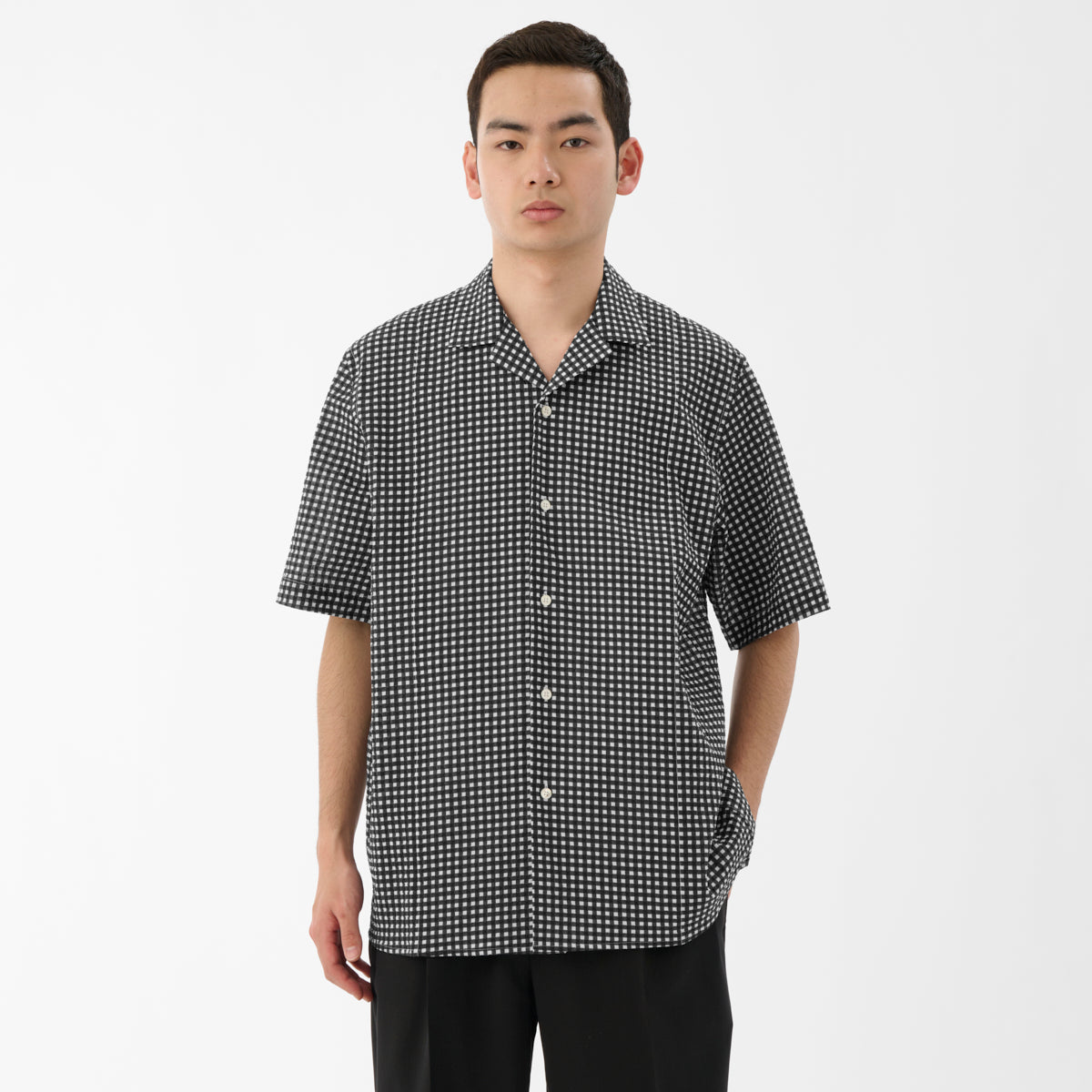 Kyoto-Dyed Ripple Open Collar Shirt / Black x White