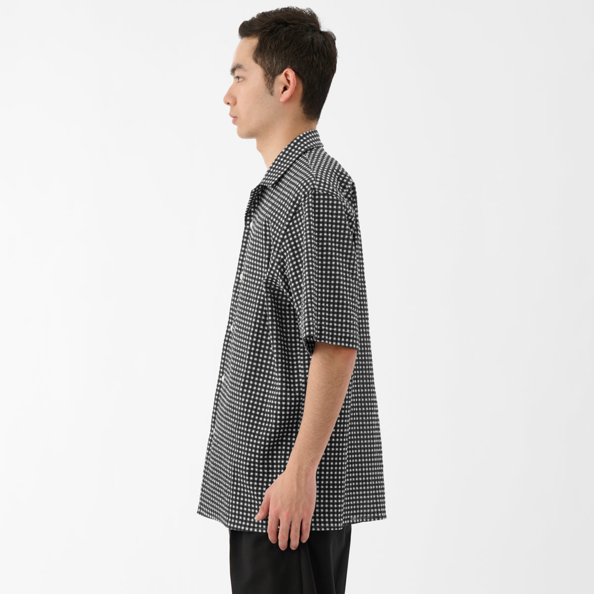 Kyoto-Dyed Ripple Open Collar Shirt / Black x White