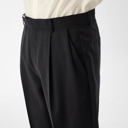 Wool Blend Tropical 2-Out Pleat Trousers / Navy